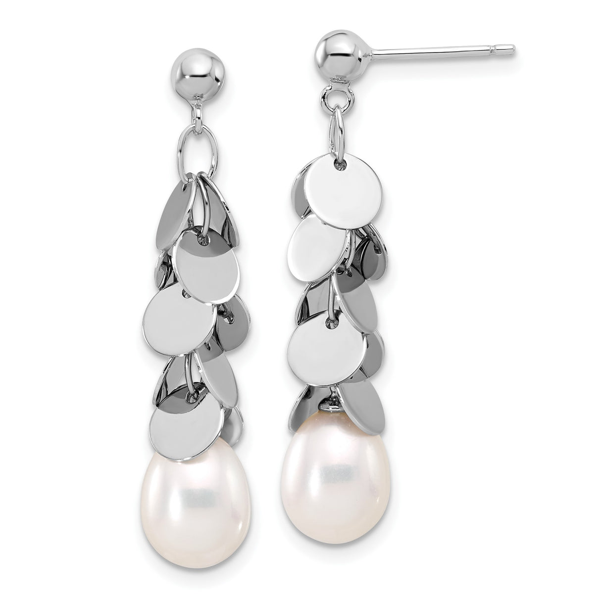 Sterling Silver Dangle Earrings with Freshwater White Pearl and Polished Disc Charms