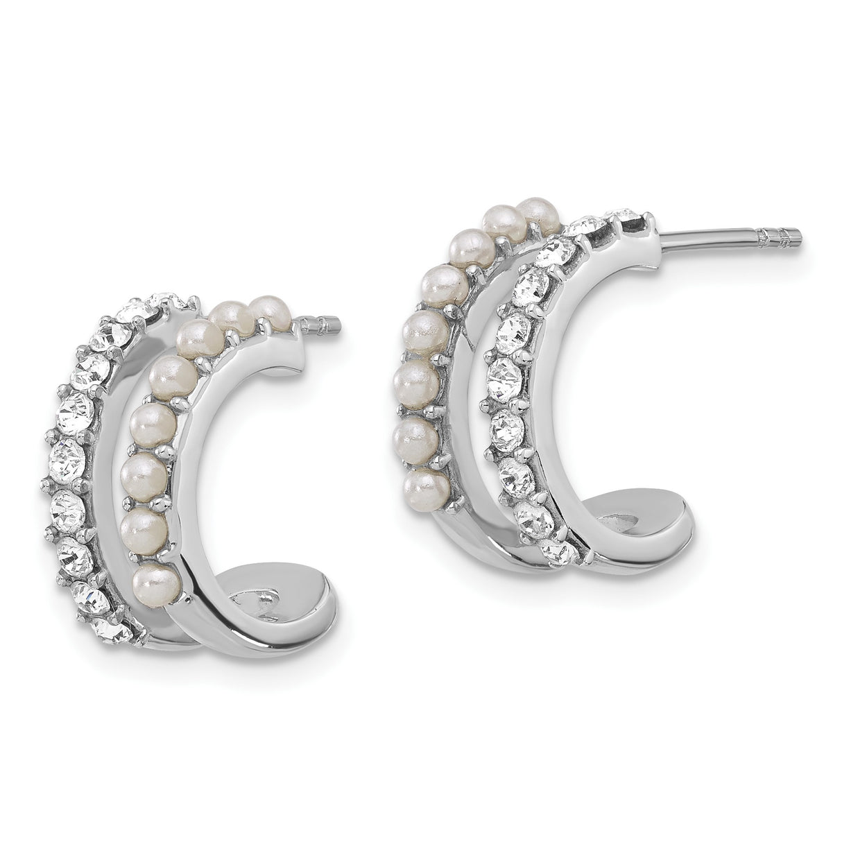 Sterling Silver Hoop Earrings with White Pearls and Cubic Zirconia, Classic Round Design