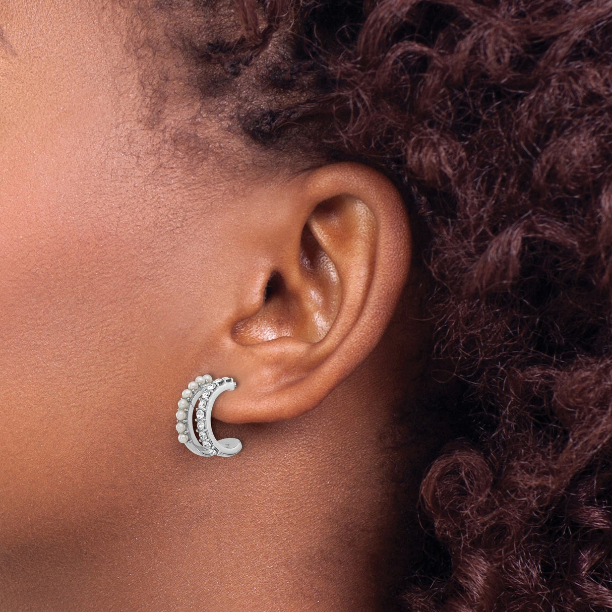 Sterling Silver Hoop Earrings with White Pearls and Cubic Zirconia, Classic Round Design