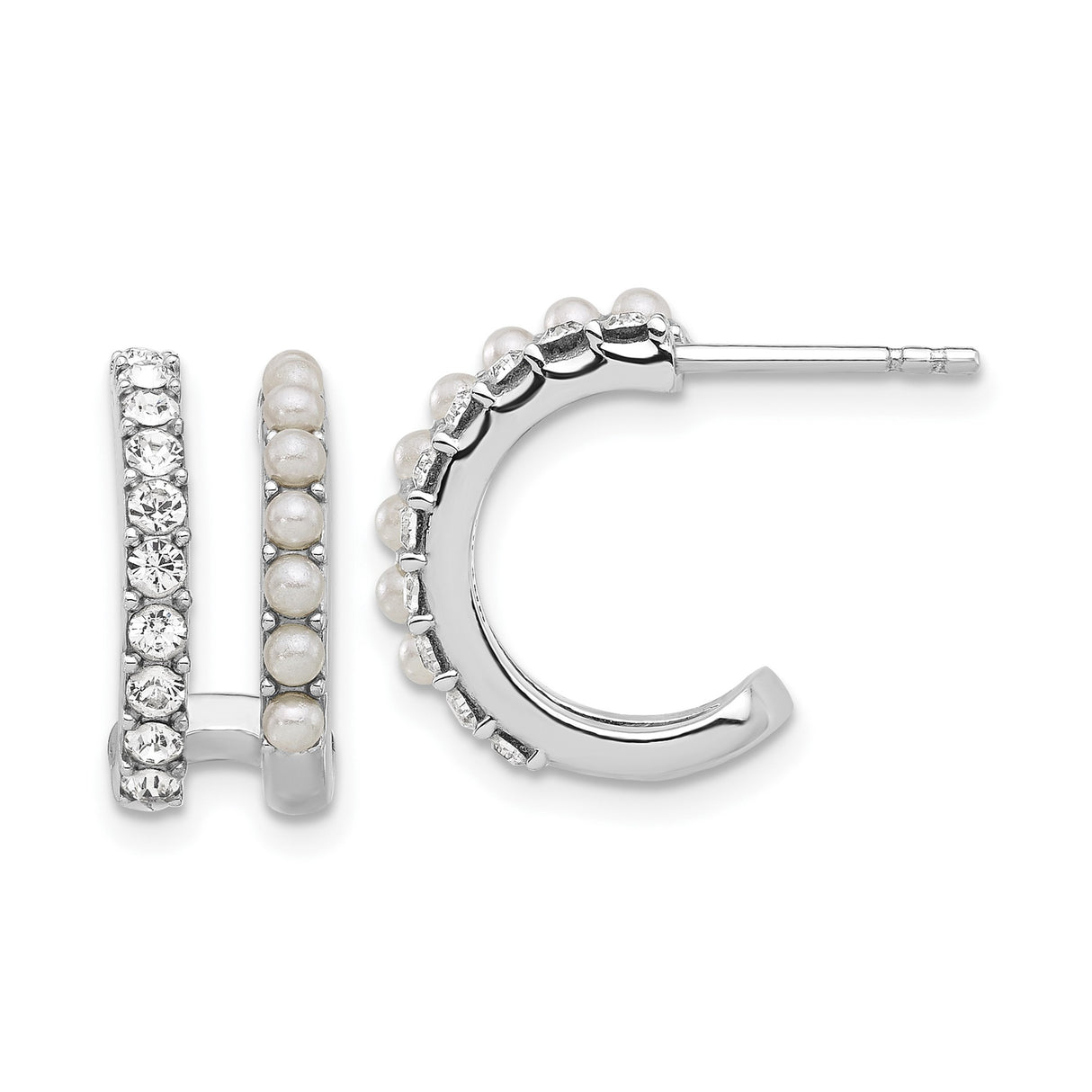 Sterling Silver Hoop Earrings with White Pearls and Cubic Zirconia, Classic Round Design