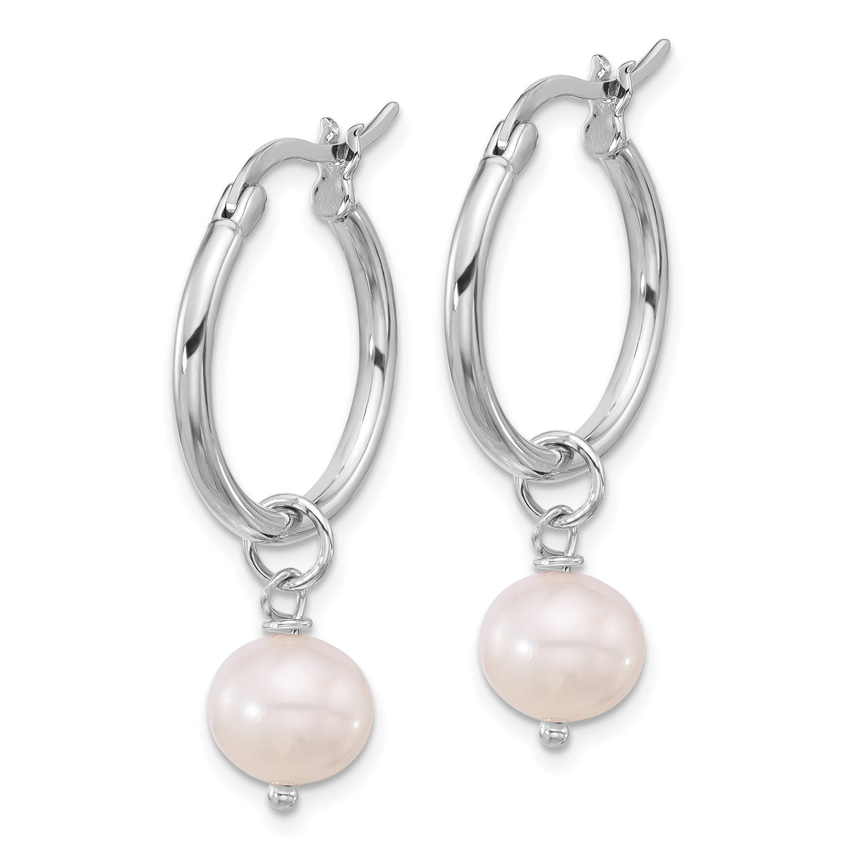 Sterling Silver Hoop Earrings with Dangling White Freshwater Pearls, Classic Minimalist Design