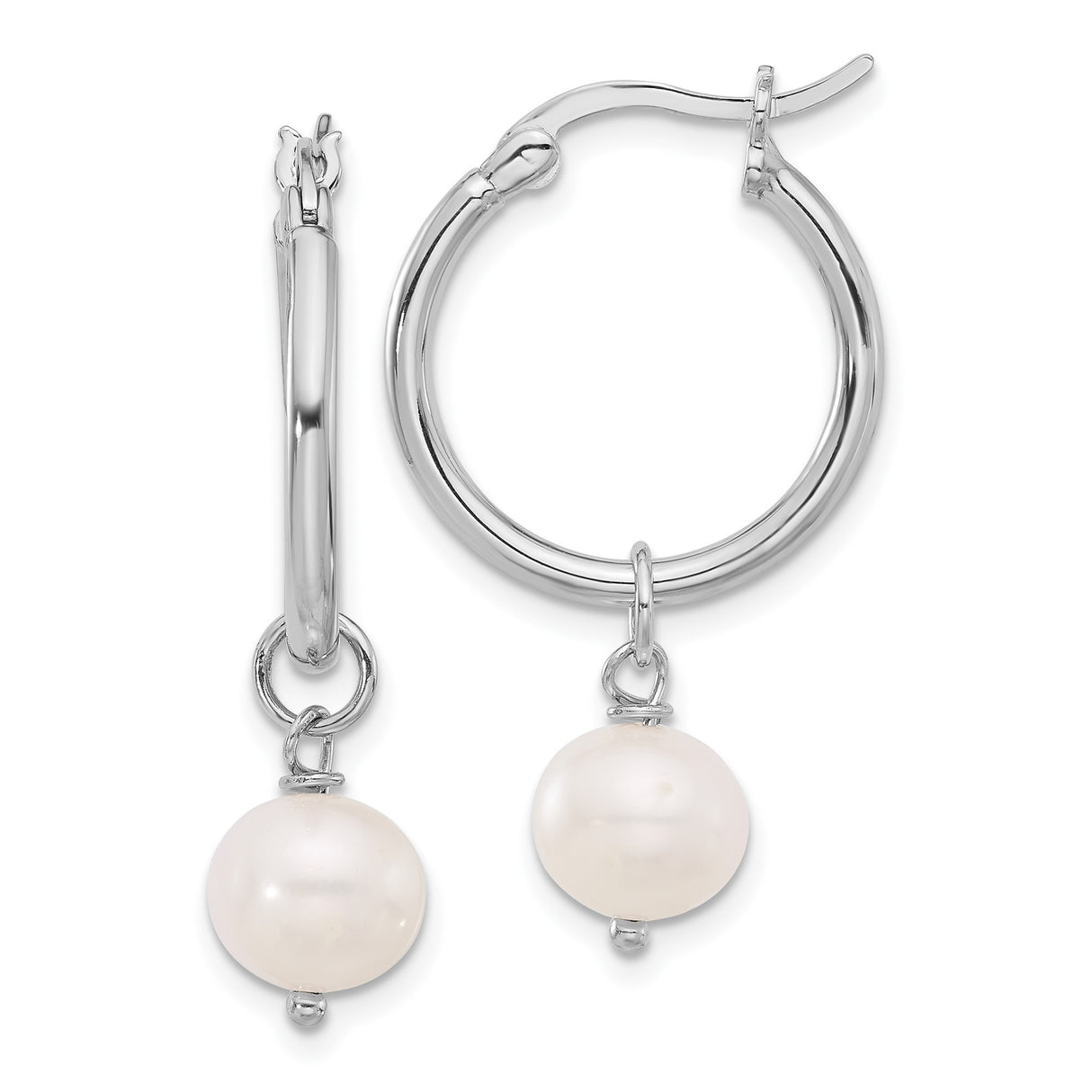 Sterling Silver Hoop Earrings with Dangling White Freshwater Pearls, Classic Minimalist Design