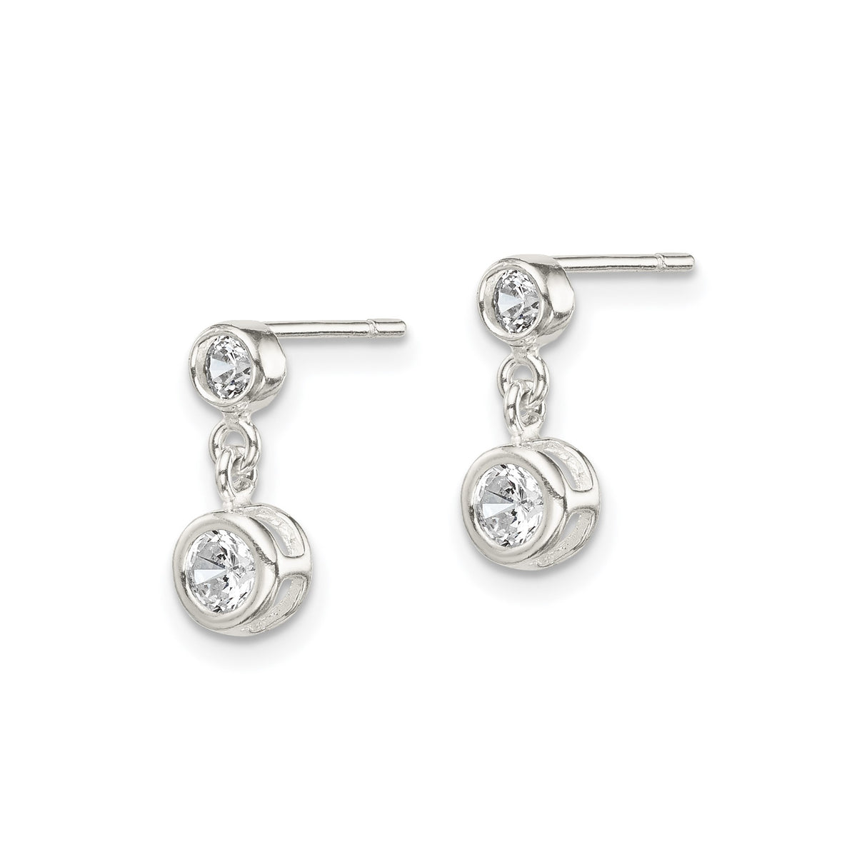 Sterling Silver Dangle Stud Earrings with Cubic Zirconia, Vertical Drop and Open Cube Design