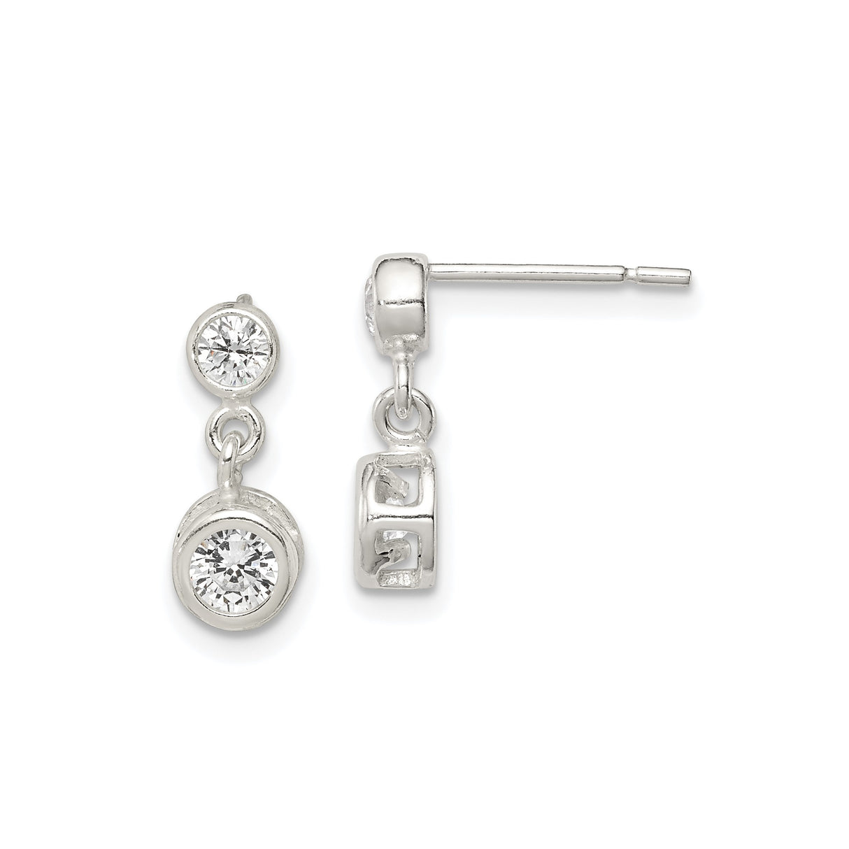Sterling Silver Dangle Stud Earrings with Cubic Zirconia, Vertical Drop and Open Cube Design