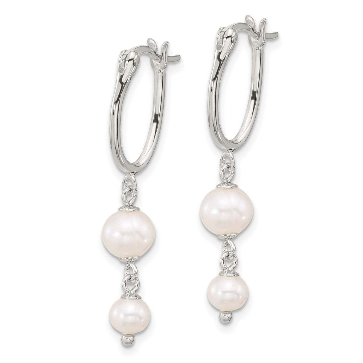 Sterling Silver Dangle Earrings with Double White Freshwater Pearls, Oval Drop Design for Women