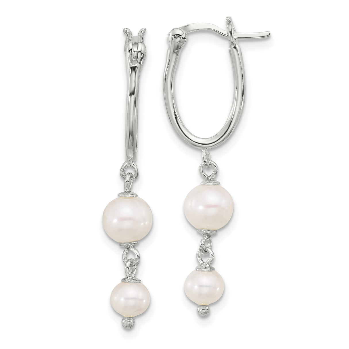 Sterling Silver Dangle Earrings with Double White Freshwater Pearls, Oval Drop Design for Women