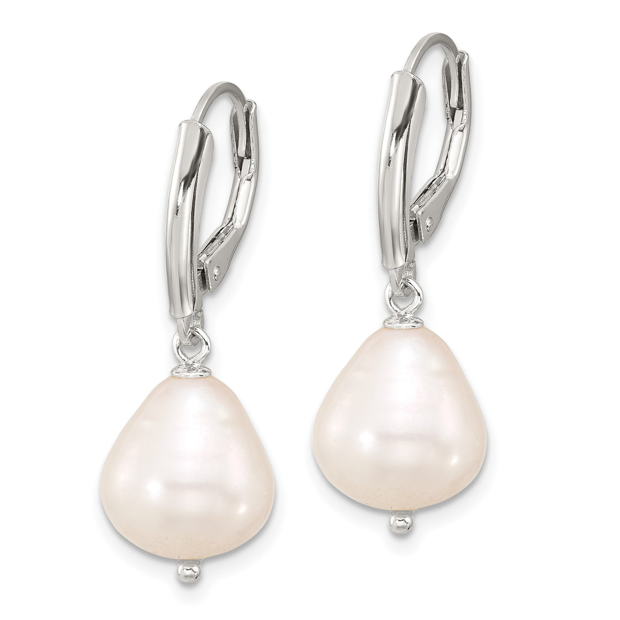 Sterling Silver Drop Earrings with White Freshwater Baroque Pearls, Leverback Design