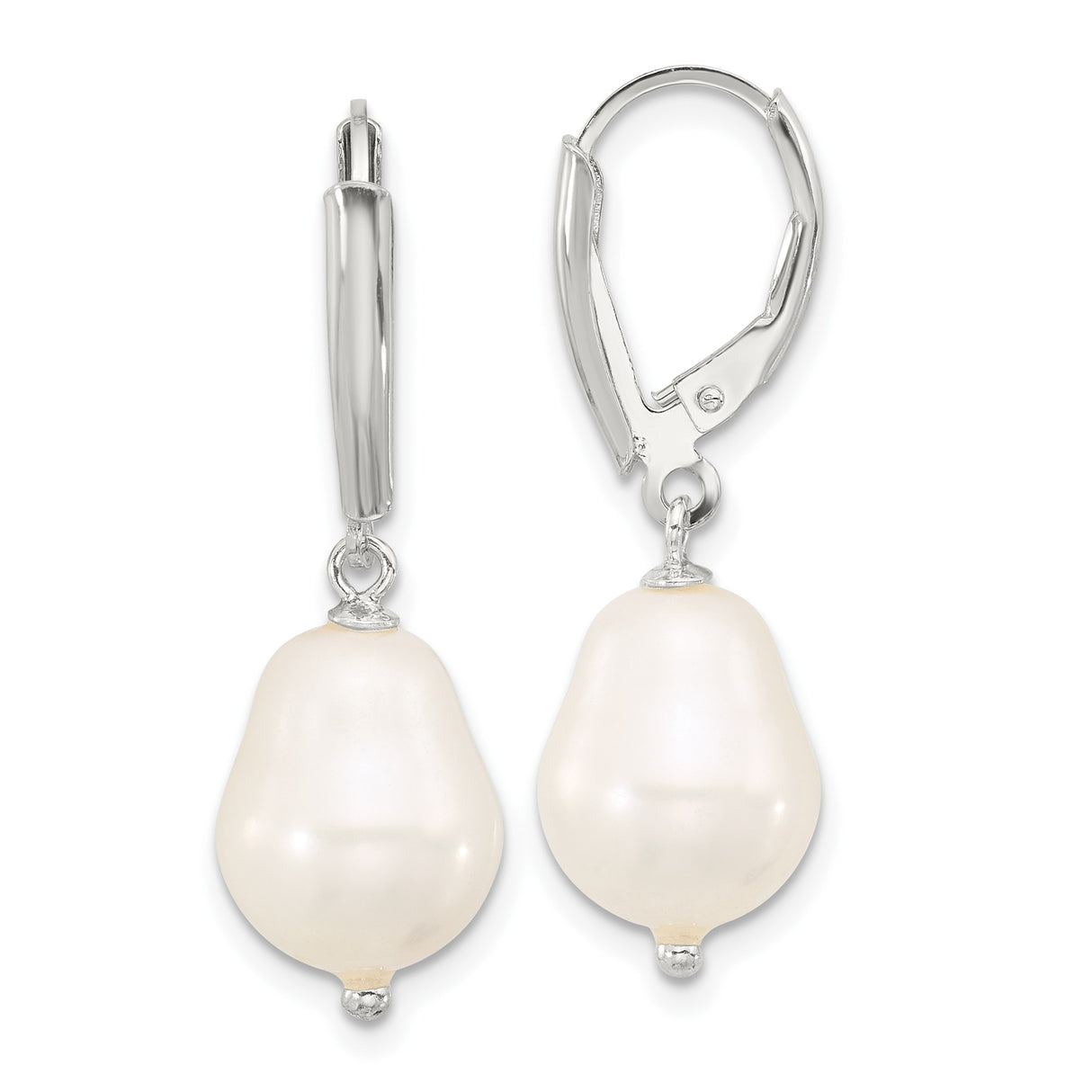 Sterling Silver Drop Earrings with White Freshwater Baroque Pearls, Leverback Design