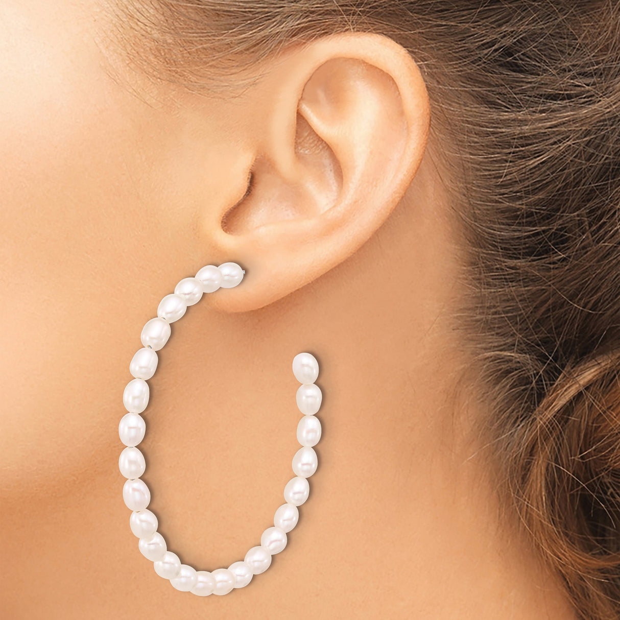 Sterling Silver Hoop Earrings with Natural White Freshwater Pearls, Classic and Elegant Design