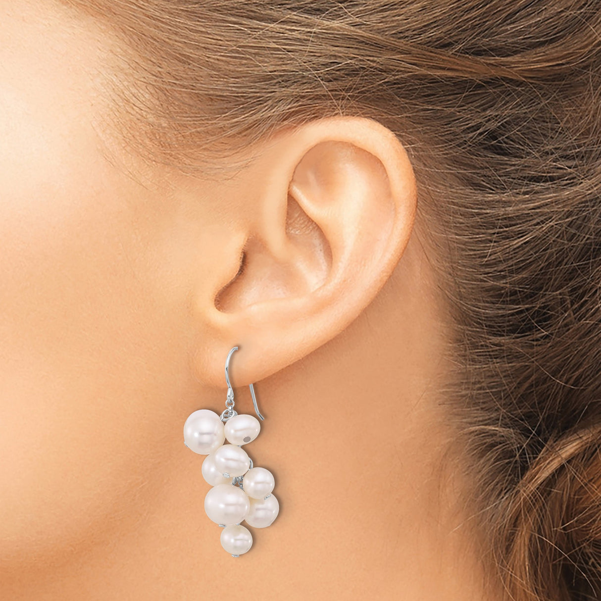 Sterling Silver Drop Earrings with White Freshwater Pearls, Clustered Bridal Style