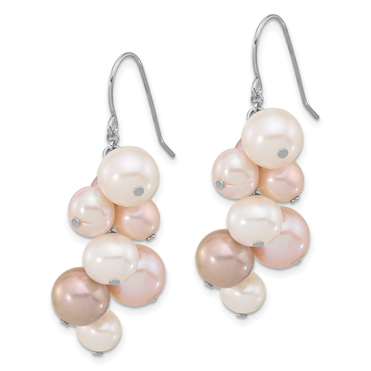 Sterling Silver Dangle Earrings with Pink, Peach, and White Freshwater Cultured Pearls, Cluster Design