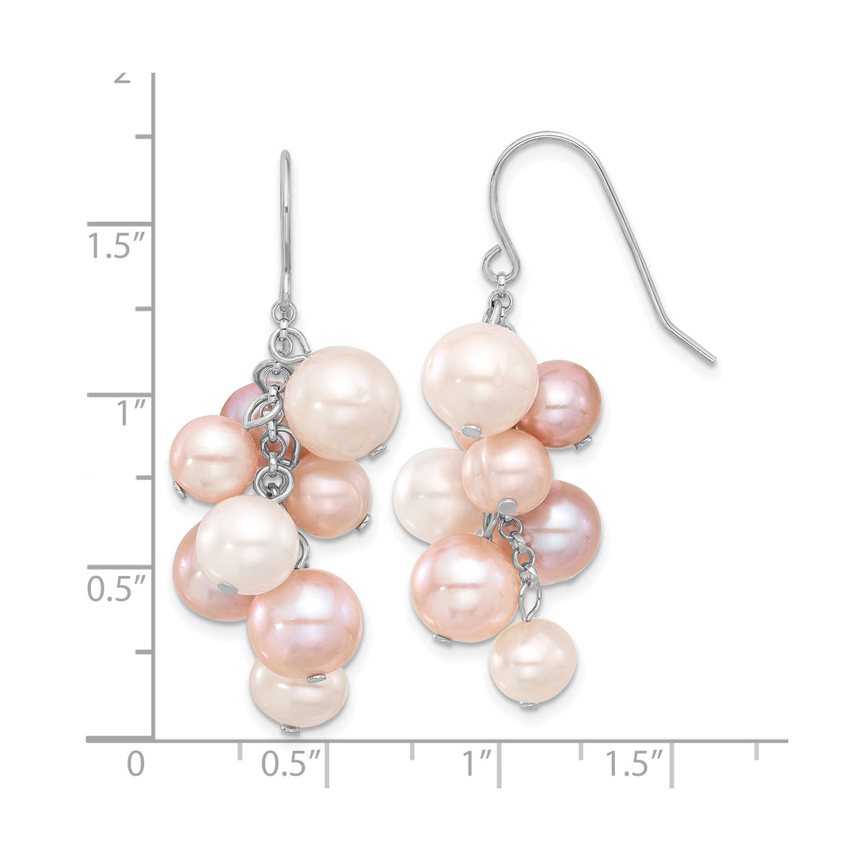 Sterling Silver Dangle Earrings with Pink, Peach, and White Freshwater Cultured Pearls, Cluster Design