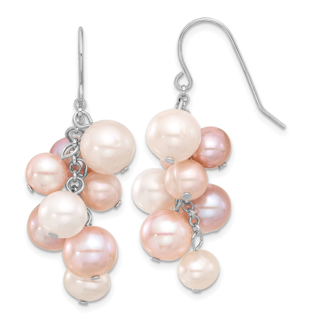 Sterling Silver Dangle Earrings with Pink, Peach, and White Freshwater Cultured Pearls, Cluster Design