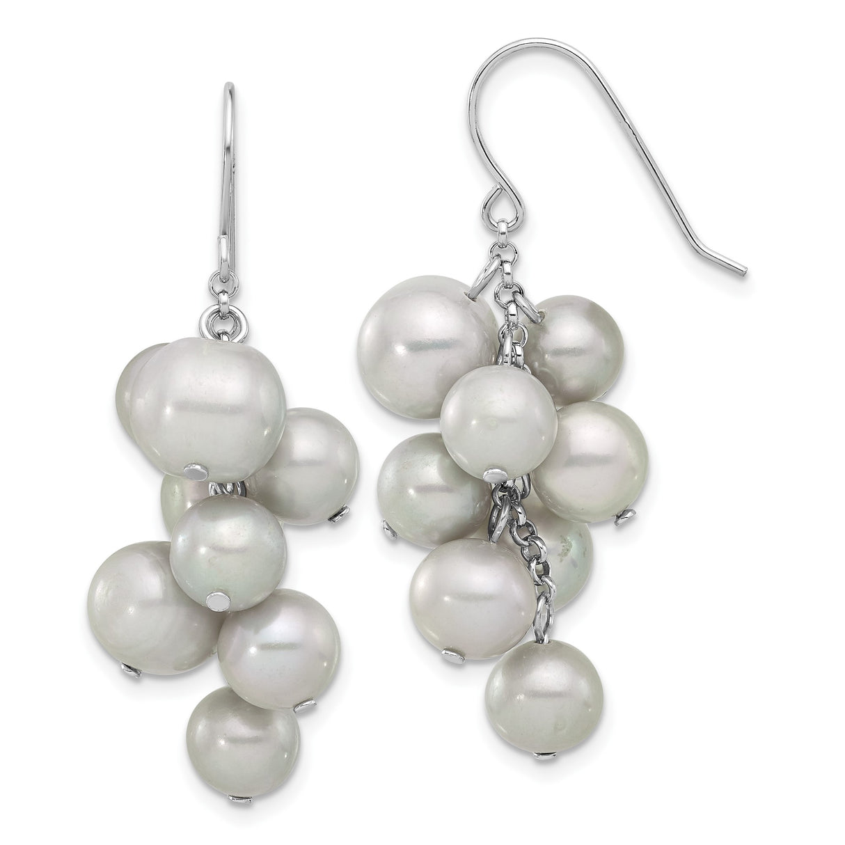 Sterling Silver Dangle Earrings with White Freshwater Pearl Clusters, Grape-Inspired Design