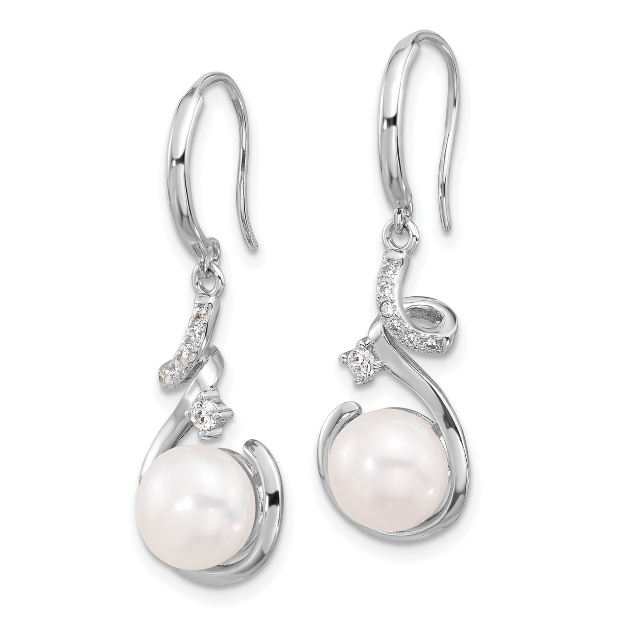 Sterling Silver Drop Earrings with Cultured Freshwater Pearls and Cubic Zirconia Swirl Design