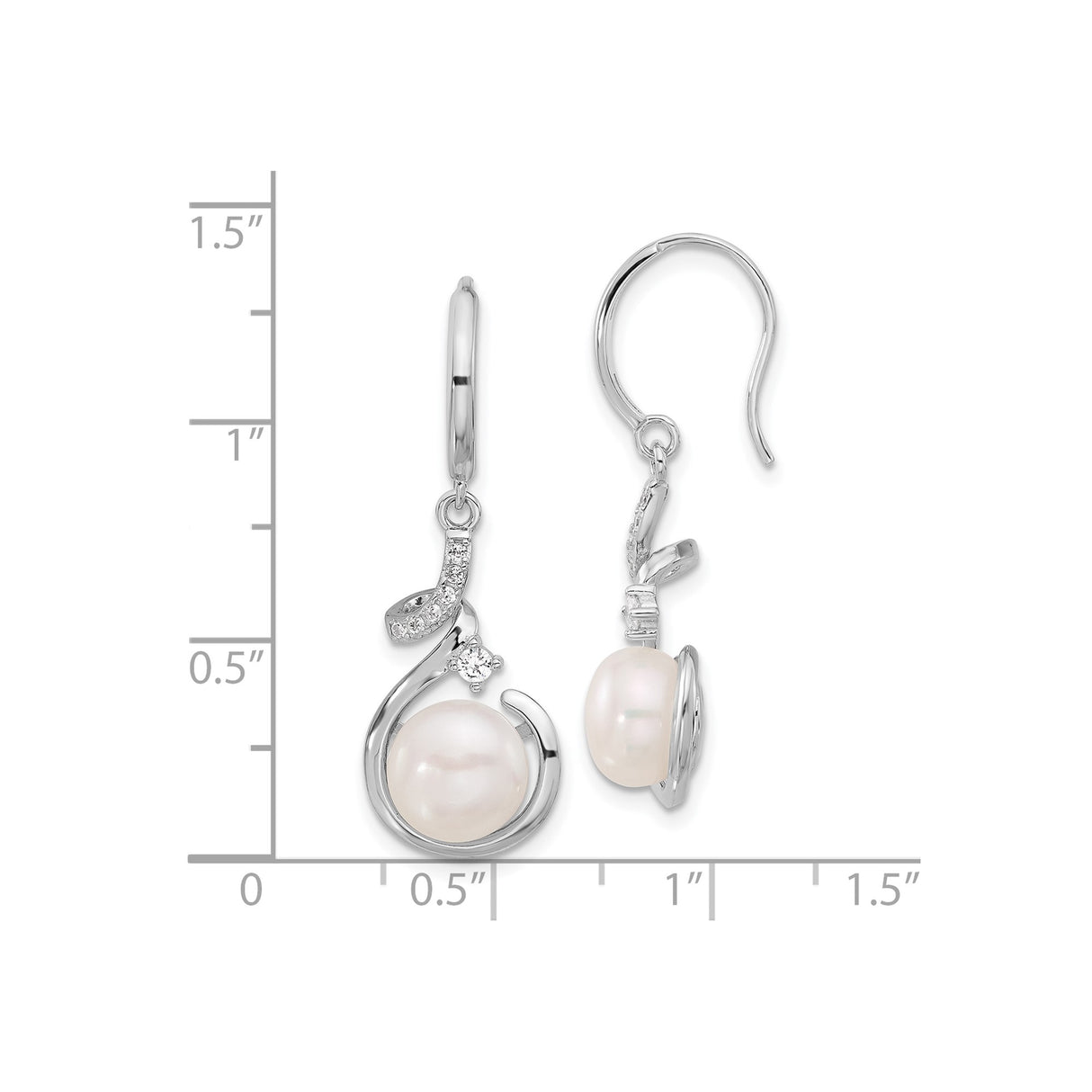 Sterling Silver Drop Earrings with Cultured Freshwater Pearls and Cubic Zirconia Swirl Design