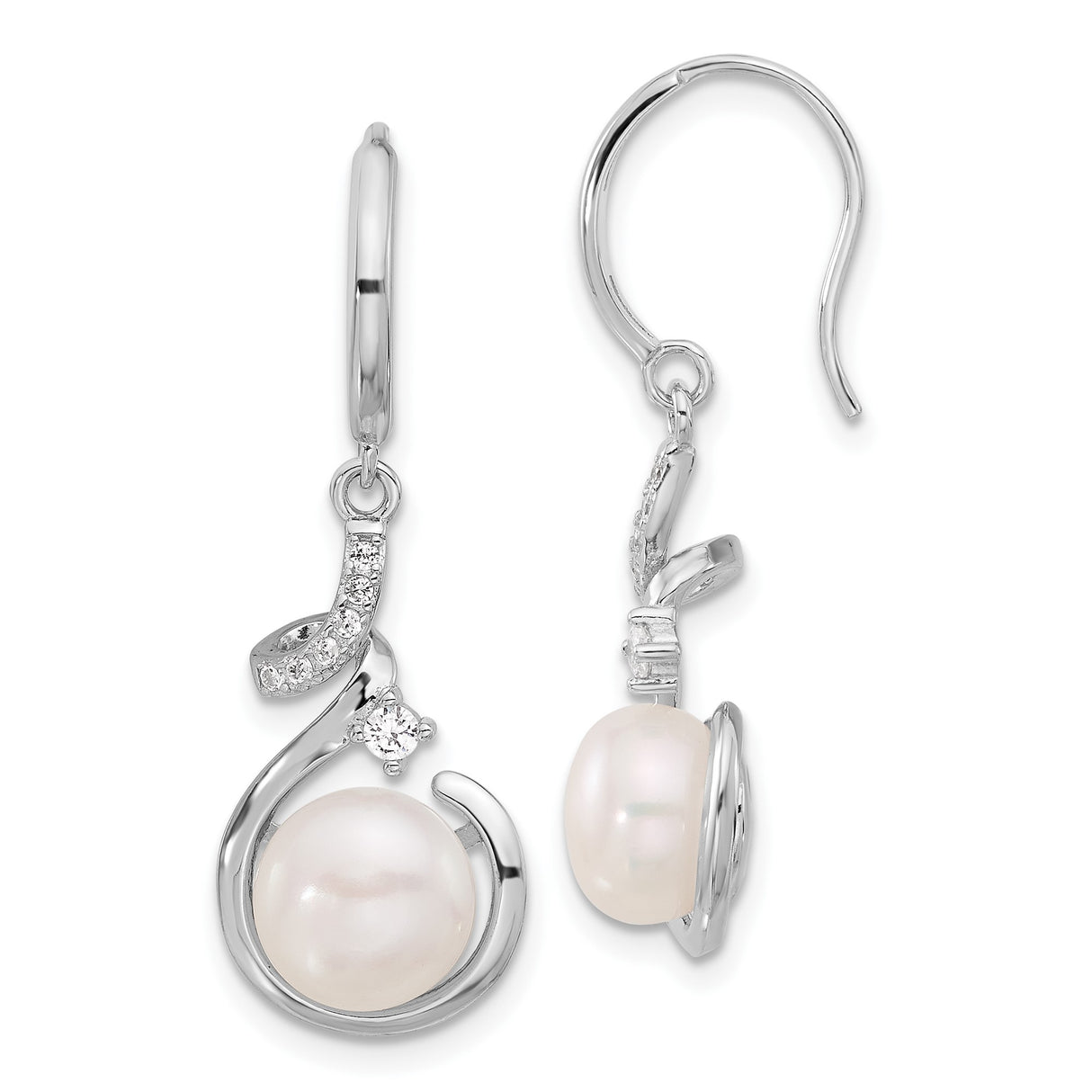 Sterling Silver Drop Earrings with Cultured Freshwater Pearls and Cubic Zirconia Swirl Design