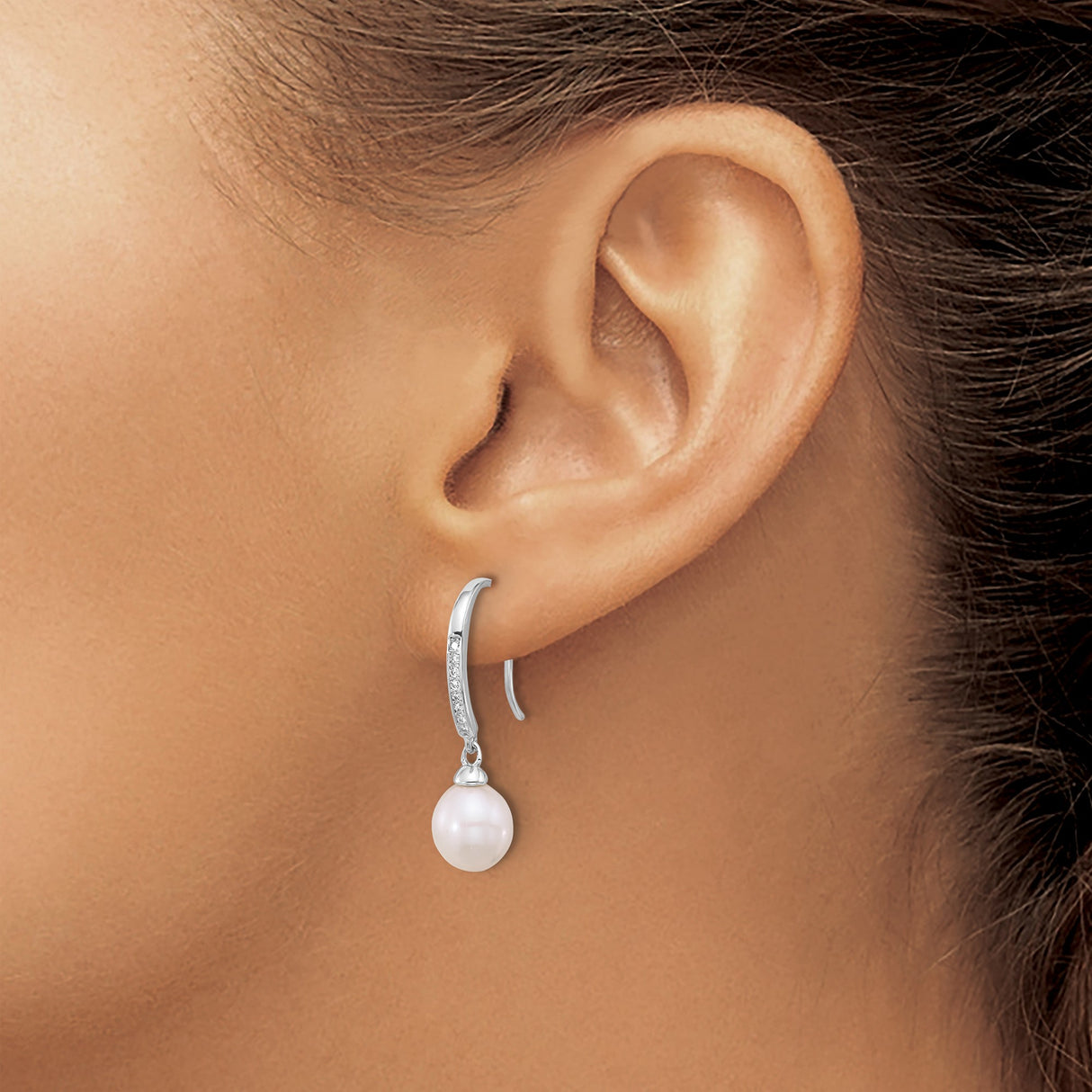 Sterling Silver Drop Earrings with Freshwater Cultured Pearls and Cubic Zirconia Accents