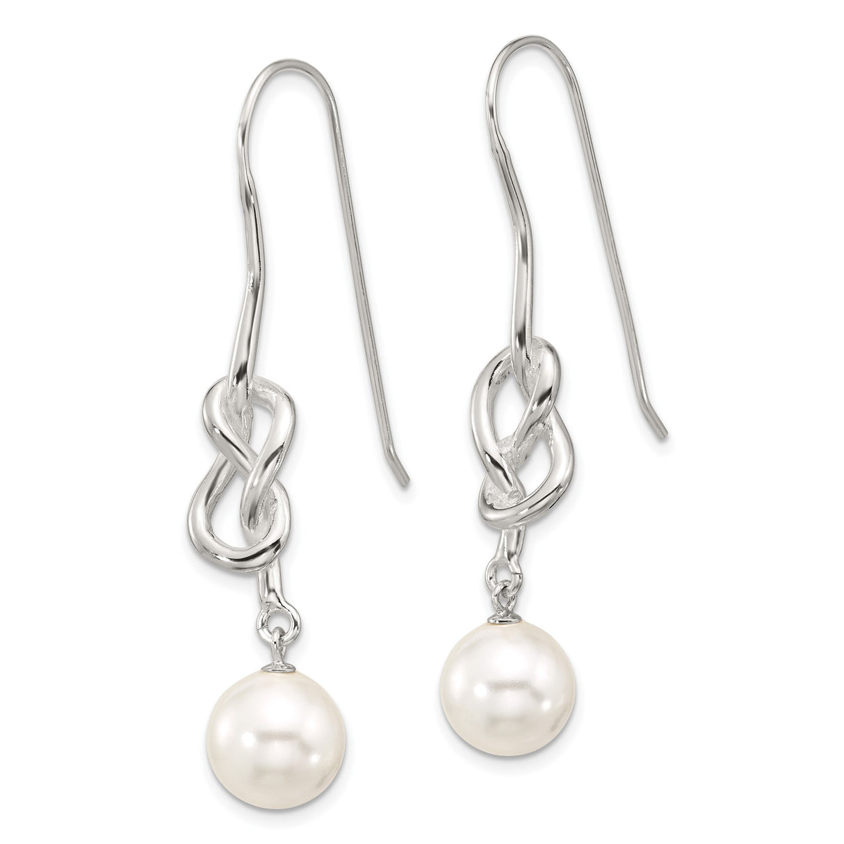 Sterling Silver Infinity Knot Drop Earrings with White Pearl Dangles for Women
