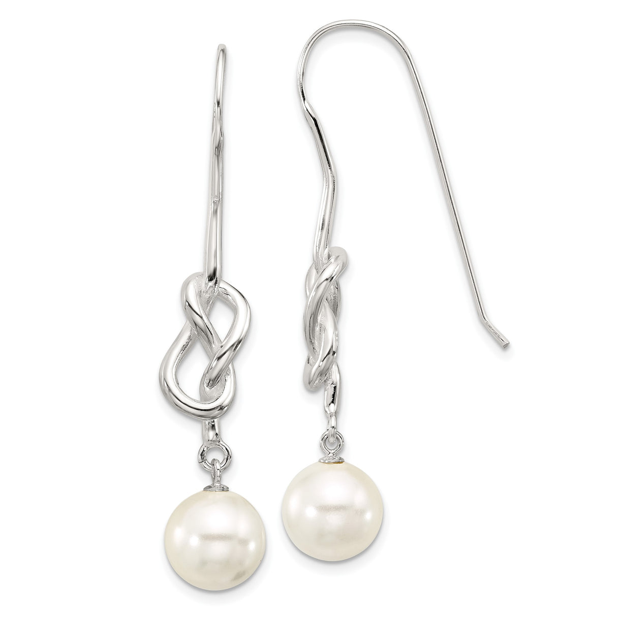 Sterling Silver Infinity Knot Drop Earrings with White Pearl Dangles for Women