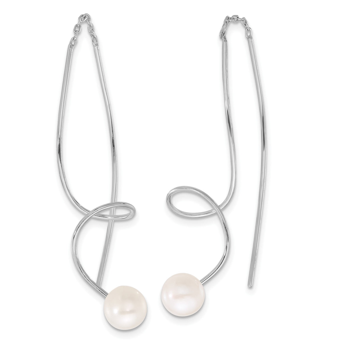 Sterling Silver Threader Earrings with Cultured Freshwater Pearls, Modern Abstract Curve Design