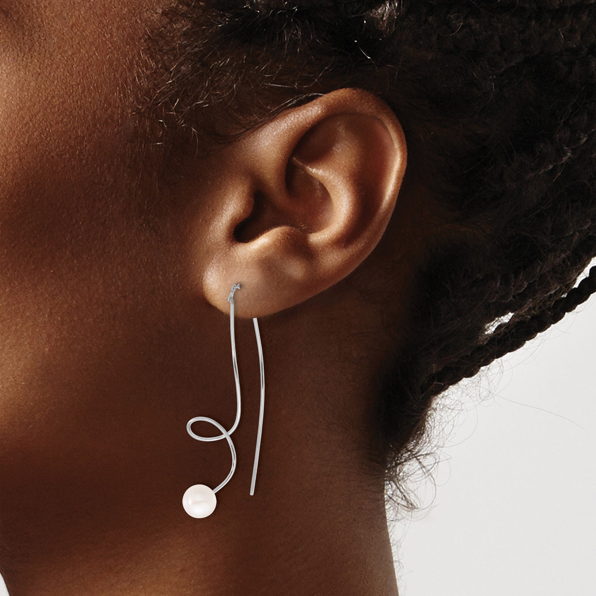 Sterling Silver Threader Earrings with Cultured Freshwater Pearls, Modern Abstract Curve Design