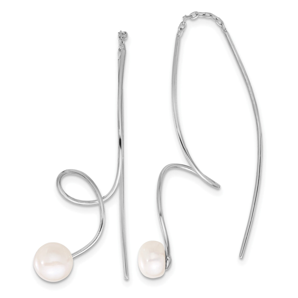 Sterling Silver Threader Earrings with Cultured Freshwater Pearls, Modern Abstract Curve Design