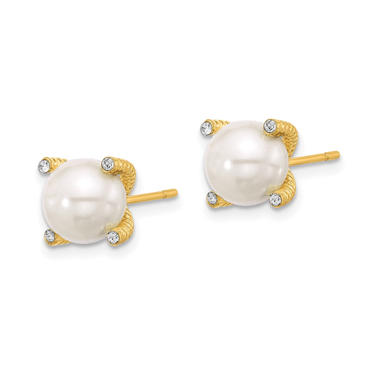 Sterling Silver Stud Earrings with Simulated Pearl and Cubic Zirconia, Textured Gold Prongs