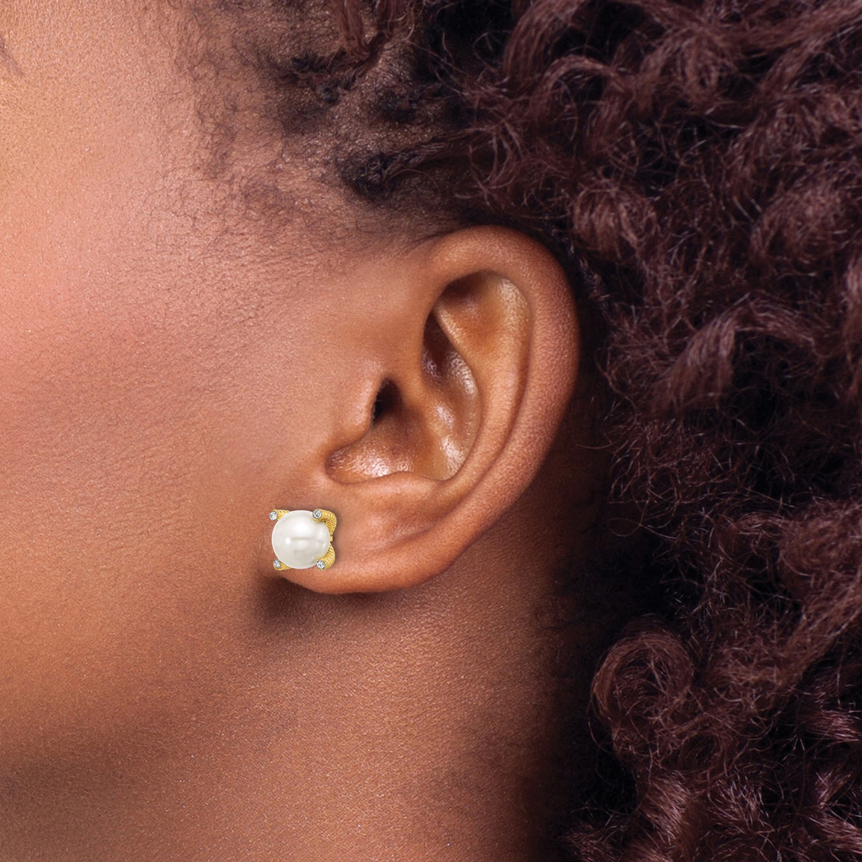 Sterling Silver Stud Earrings with Simulated Pearl and Cubic Zirconia, Textured Gold Prongs