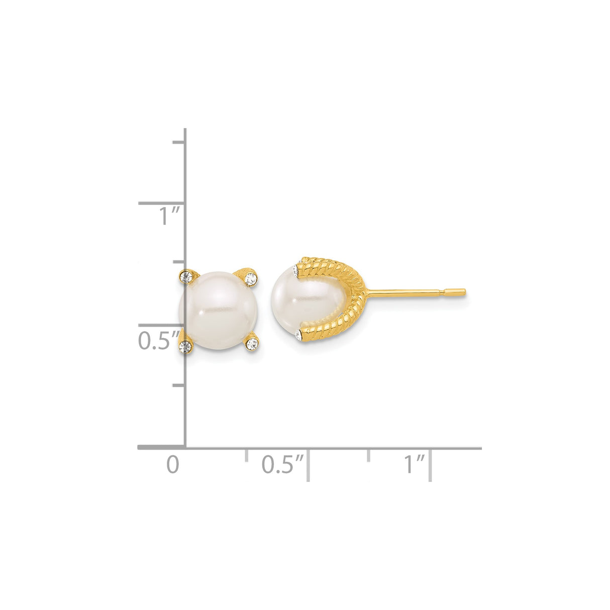 Sterling Silver Stud Earrings with Simulated Pearl and Cubic Zirconia, Textured Gold Prongs