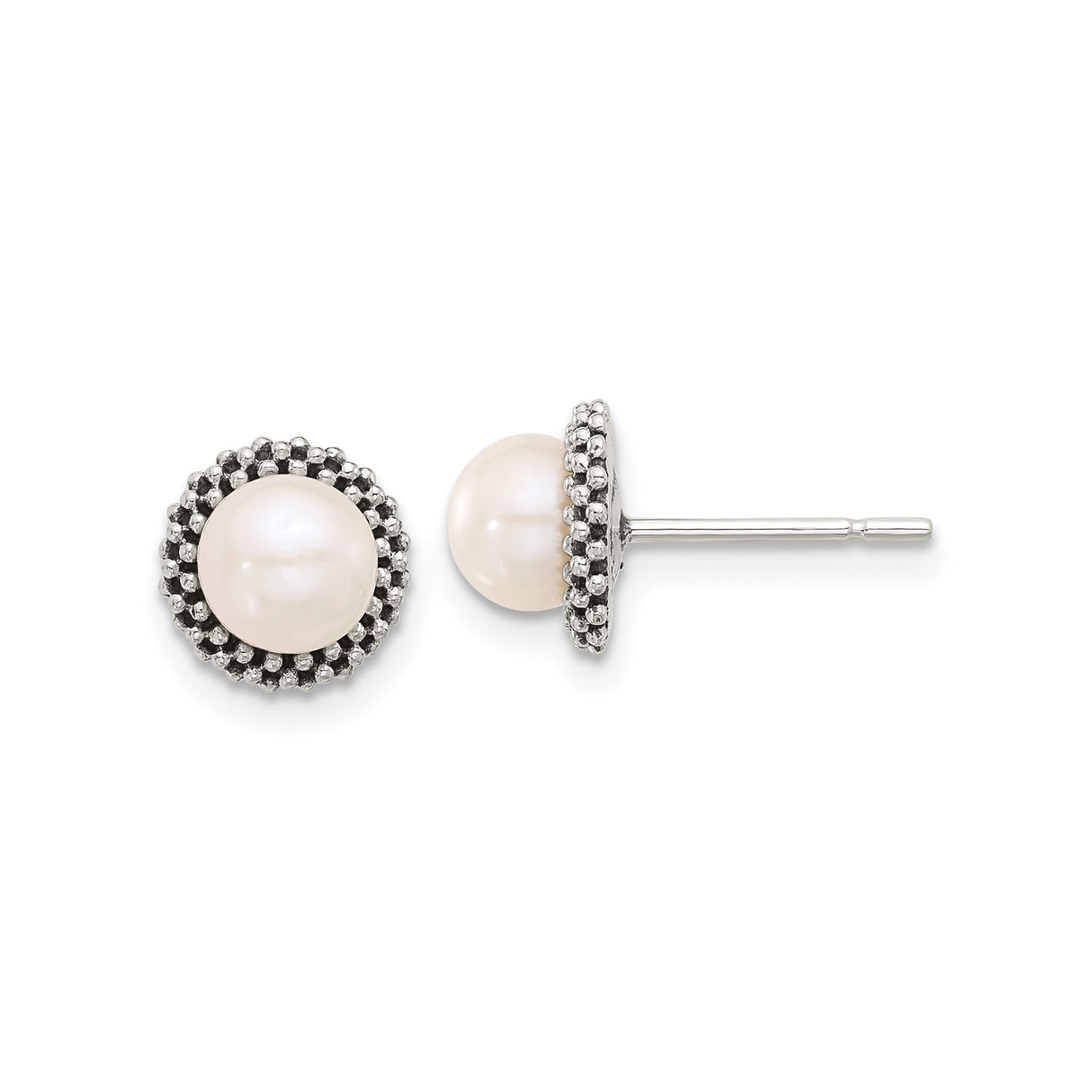 Sterling Silver Pearl Stud Earrings with White Round Pearls and Beaded Halo Design