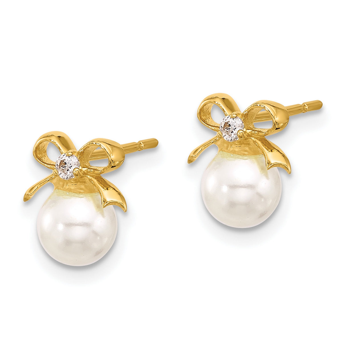 Sterling Silver Pearl Stud Earrings with Bow Design and Cubic Zirconia Accent