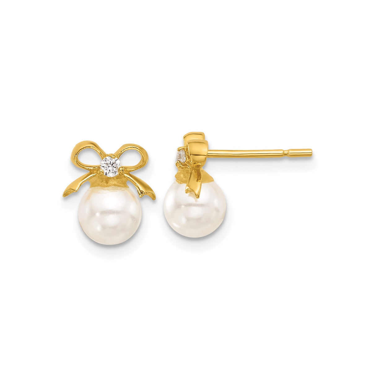 Sterling Silver Pearl Stud Earrings with Bow Design and Cubic Zirconia Accent