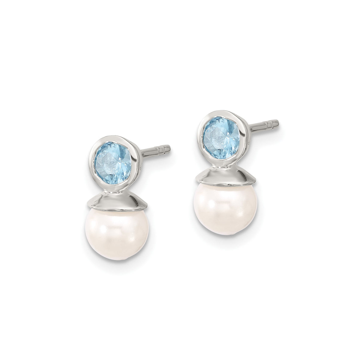 Sterling Silver Stud Earrings with Blue Topaz and White Cultured Pearls, Two Stone Design