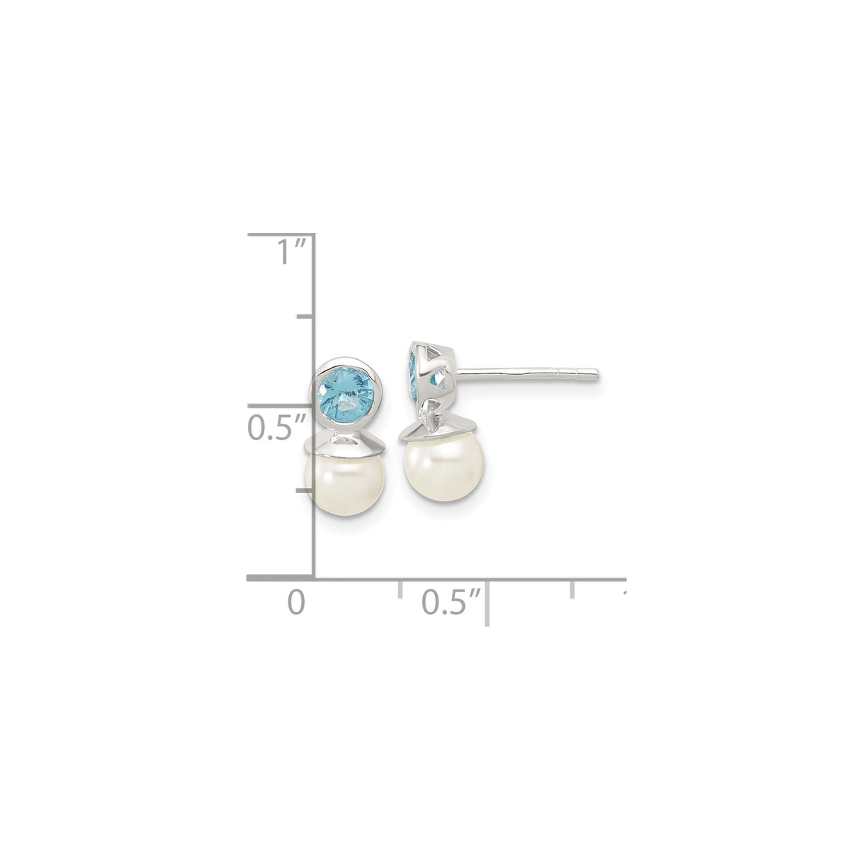 Sterling Silver Stud Earrings with Blue Topaz and White Cultured Pearls, Two Stone Design