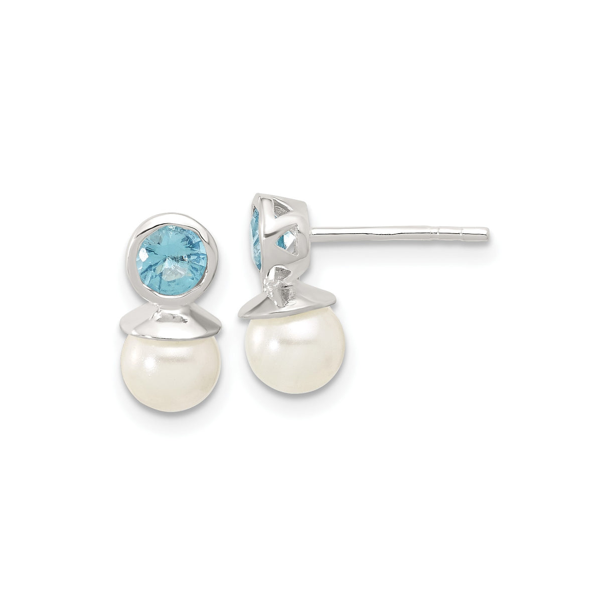 Sterling Silver Stud Earrings with Blue Topaz and White Cultured Pearls, Two Stone Design