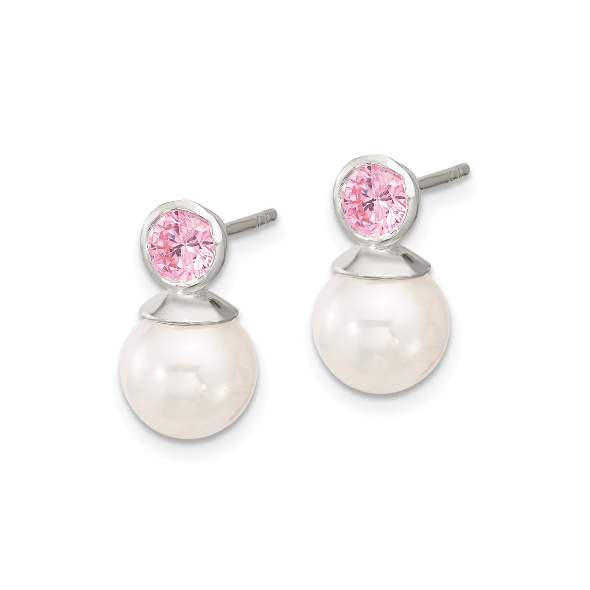 Sterling Silver Pearl Stud Earrings with Pink Cubic Zirconia Accents, Feminine Bridal Jewelry