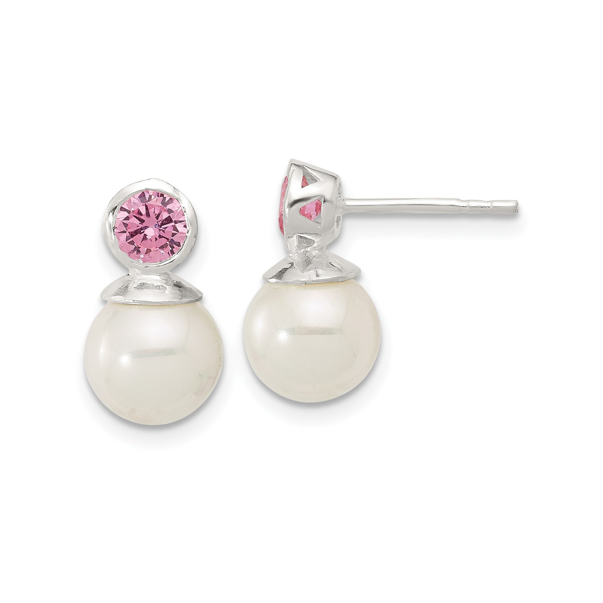 Sterling Silver Pearl Stud Earrings with Pink Cubic Zirconia Accents, Feminine Bridal Jewelry