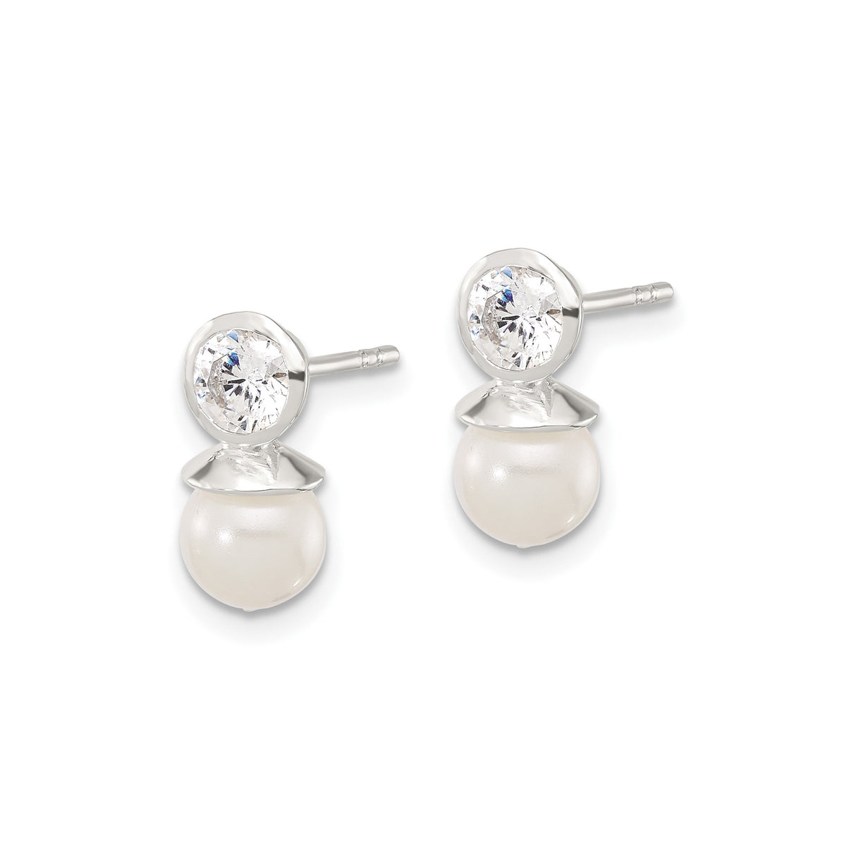 Sterling Silver Drop Earrings with Pearl and Cubic Zirconia, Classic Bridal Studs for Women