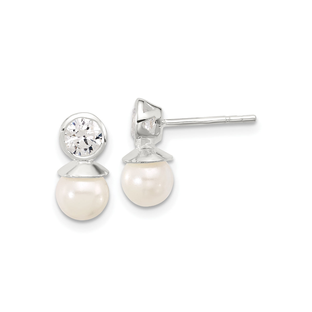 Sterling Silver Drop Earrings with Pearl and Cubic Zirconia, Classic Bridal Studs for Women