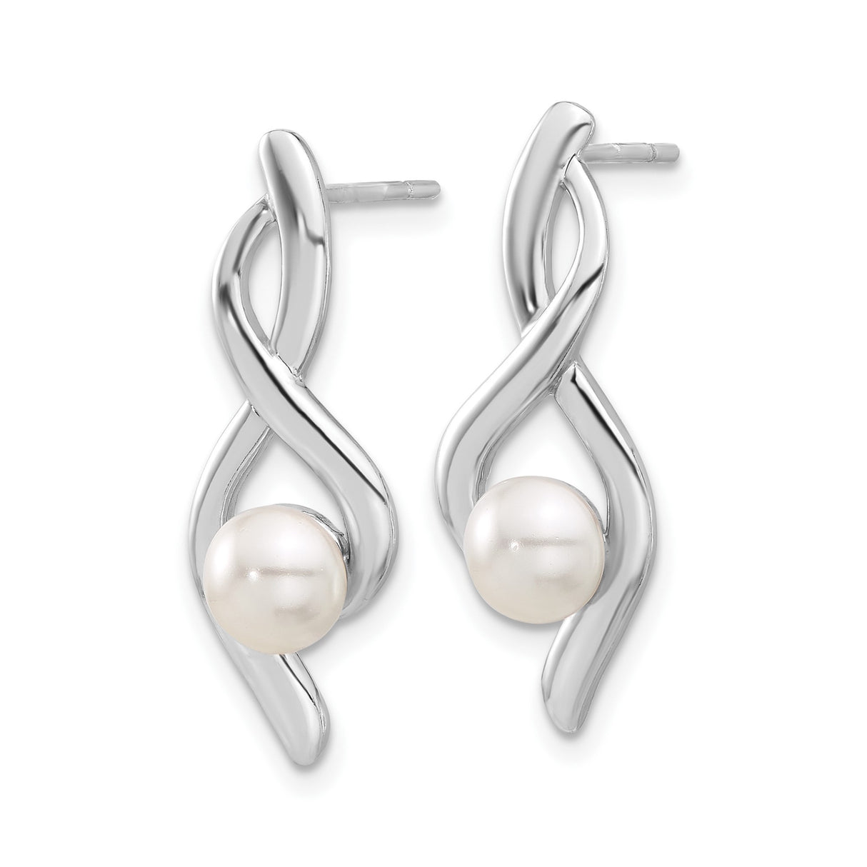 Sterling Silver Dangle Earrings with White Freshwater Cultured Pearls, Twisted Infinity Design