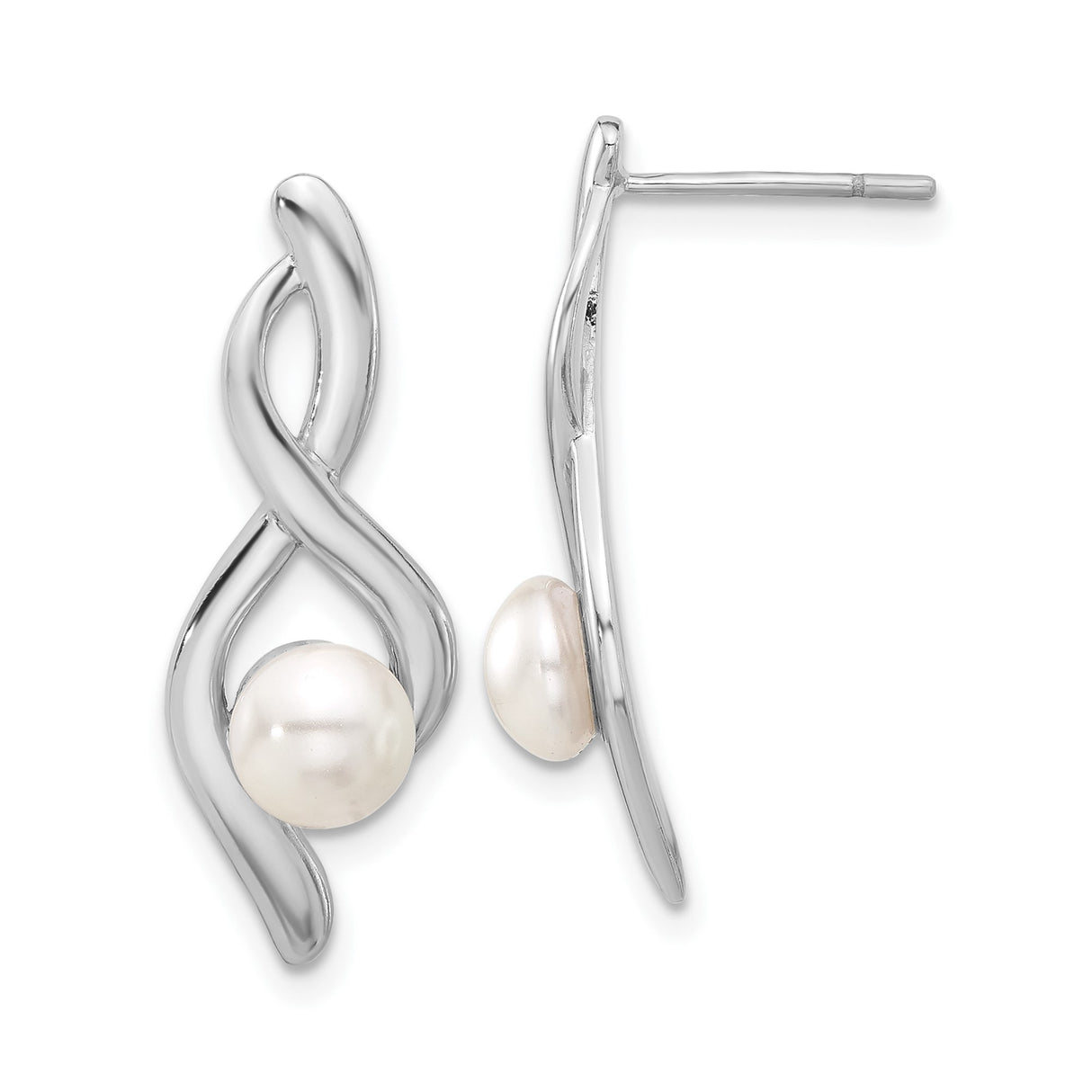 Sterling Silver Dangle Earrings with White Freshwater Cultured Pearls, Twisted Infinity Design
