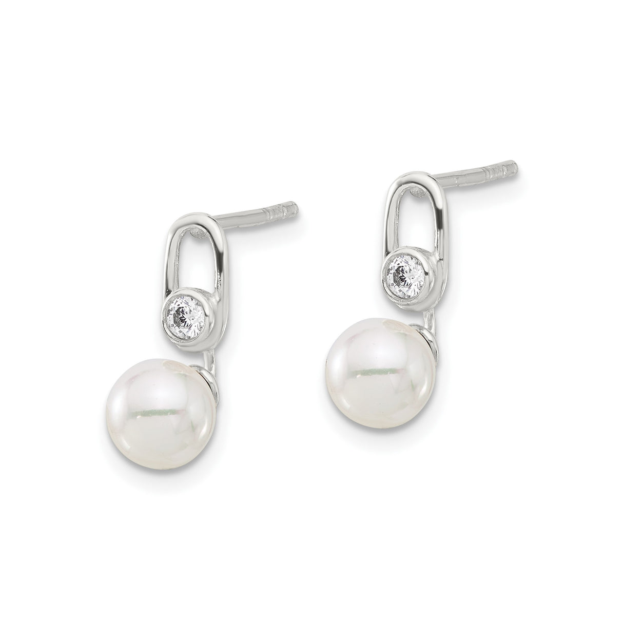 Sterling Silver Pearl Drop Earrings with White Pearl and Cubic Zirconia Studs