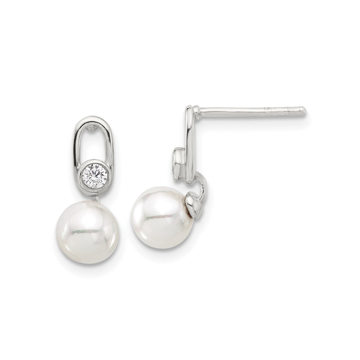 Sterling Silver Pearl Drop Earrings with White Pearl and Cubic Zirconia Studs
