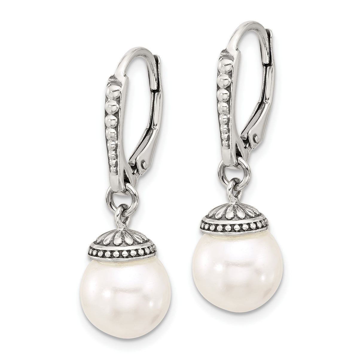 Sterling Silver Dangle Earrings with White Faux Pearls, Vintage Filigree, Leverback Drop Design