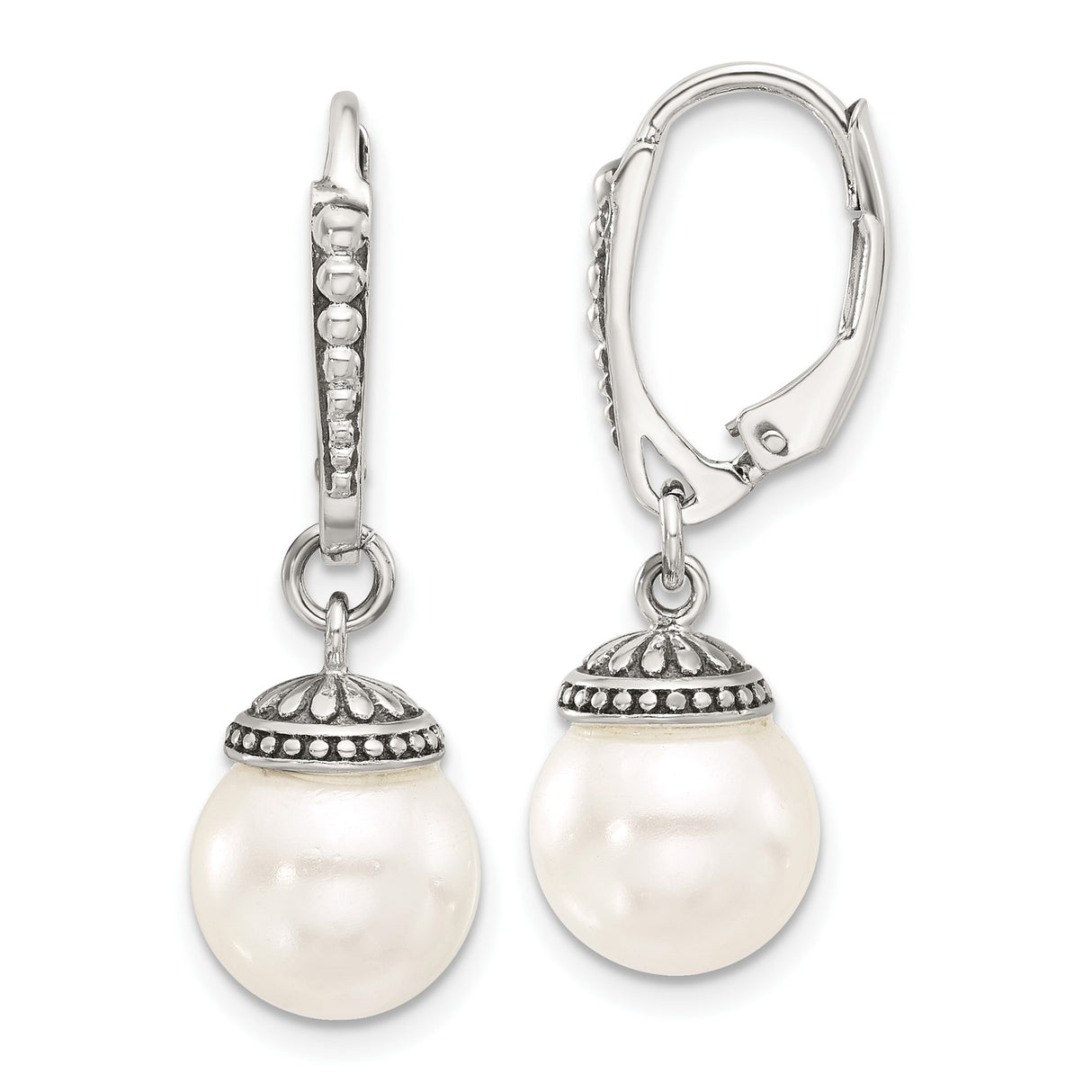 Sterling Silver Dangle Earrings with White Faux Pearls, Vintage Filigree, Leverback Drop Design
