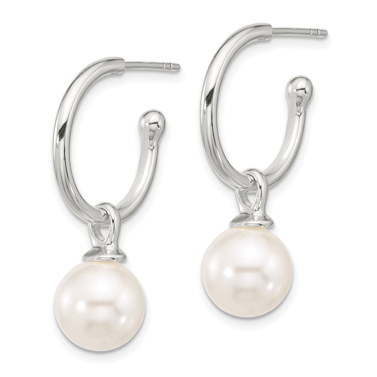 Sterling Silver Drop Hoop Earrings with White Pearls, Minimalist Bridal Jewelry