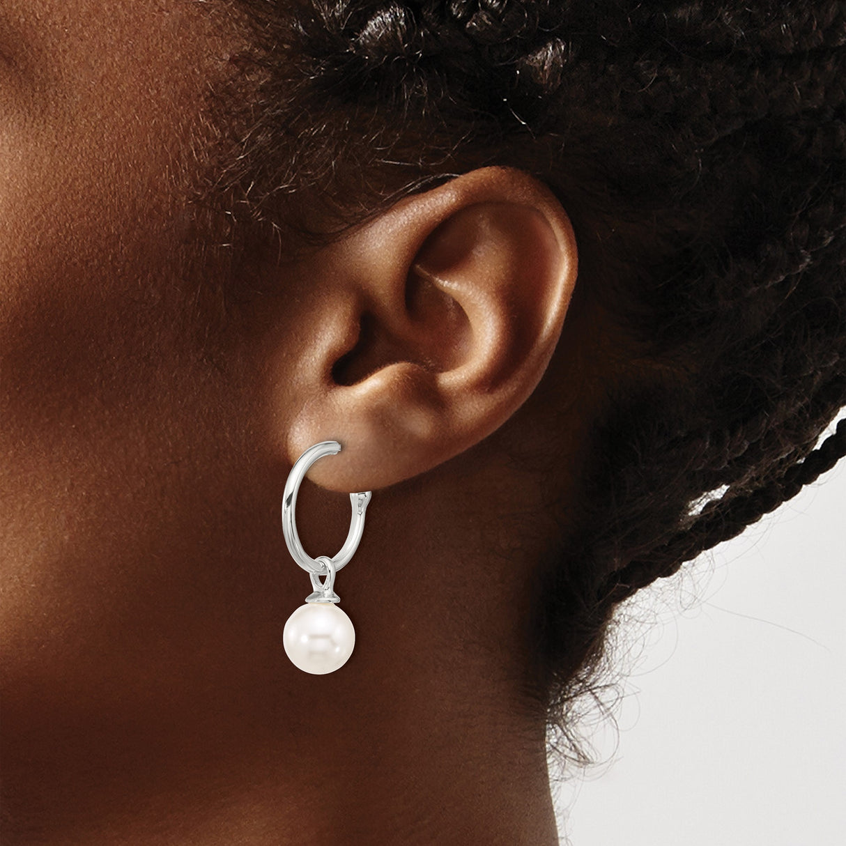 Sterling Silver Drop Hoop Earrings with White Pearls, Minimalist Bridal Jewelry