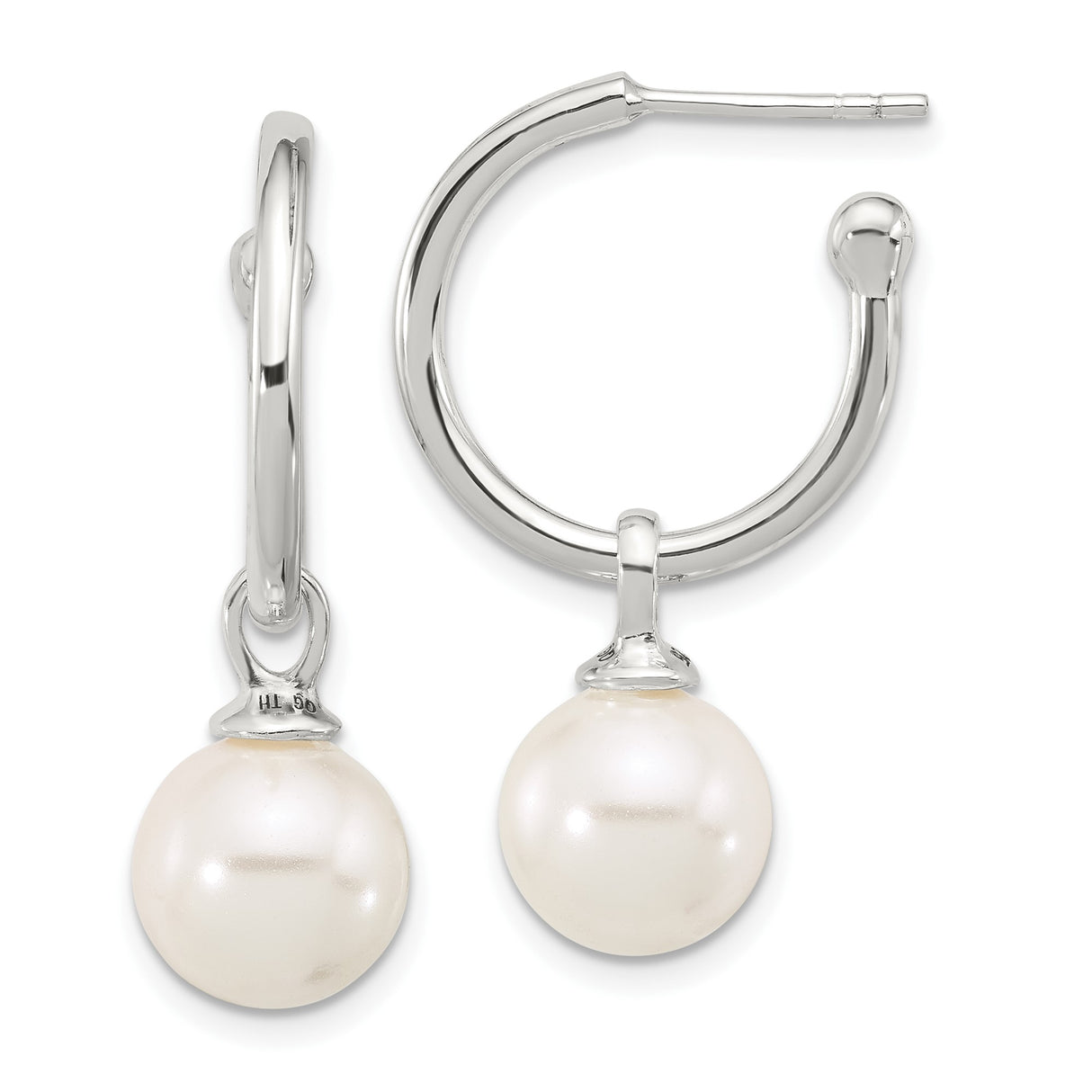 Sterling Silver Drop Hoop Earrings with White Pearls, Minimalist Bridal Jewelry