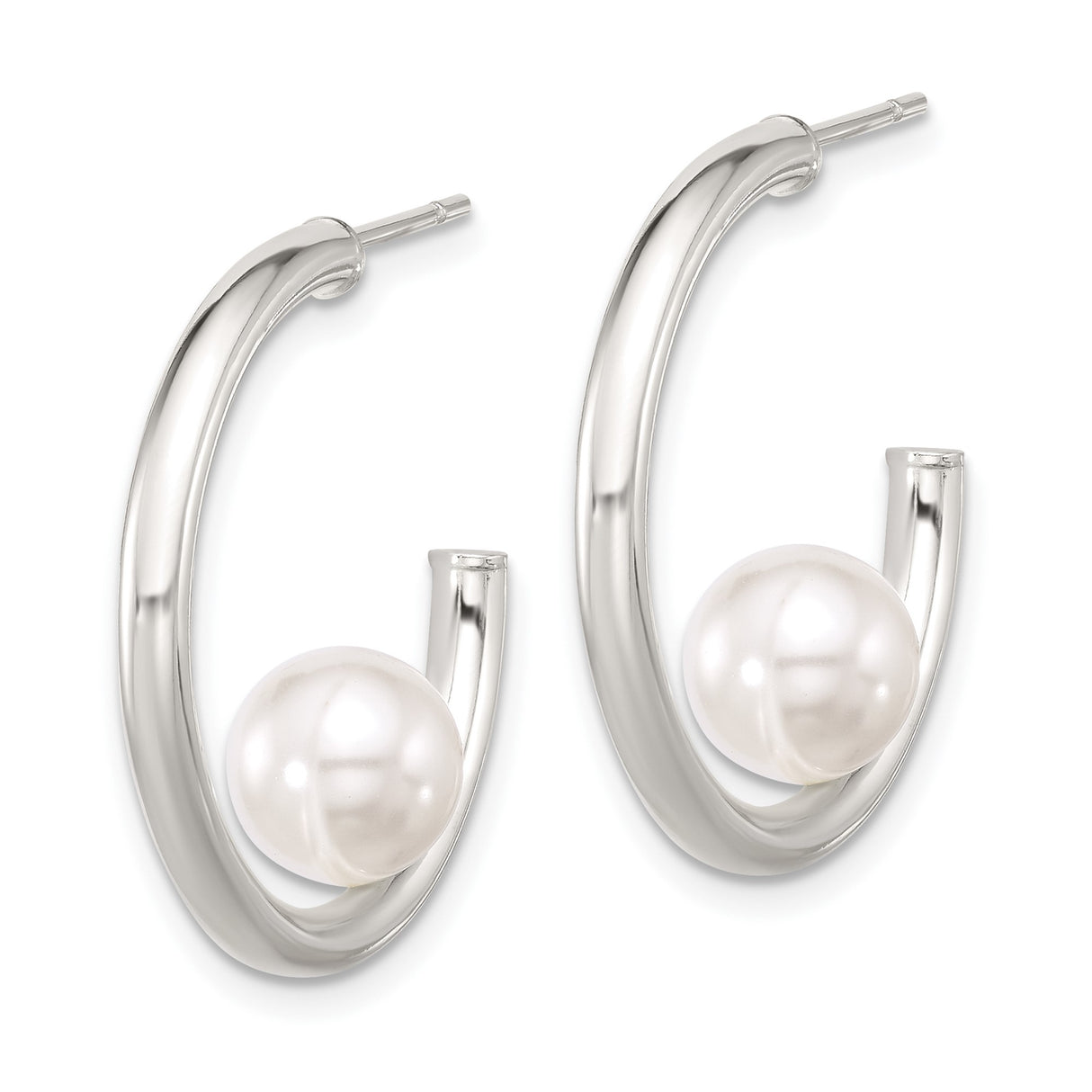 Sterling Silver Hoop Earrings with White Pearl, Open Circle Design, Minimalist Style